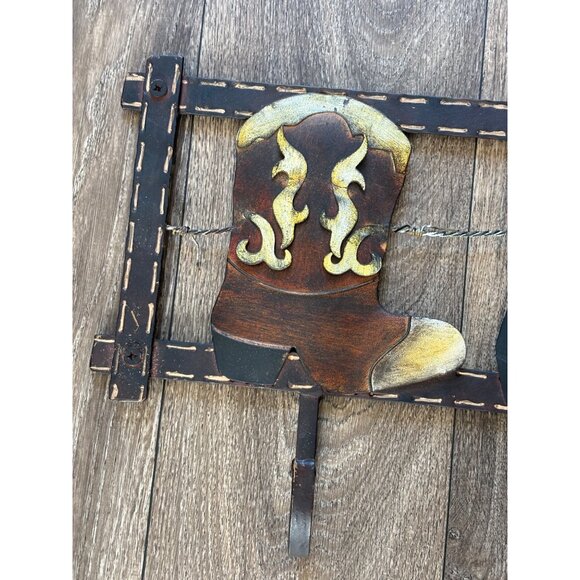 ANTIQUE COWBOY BOOT METAL WALL COAT-TOWEL RACK HOOKS 22InX10In - Picture 4 of 6